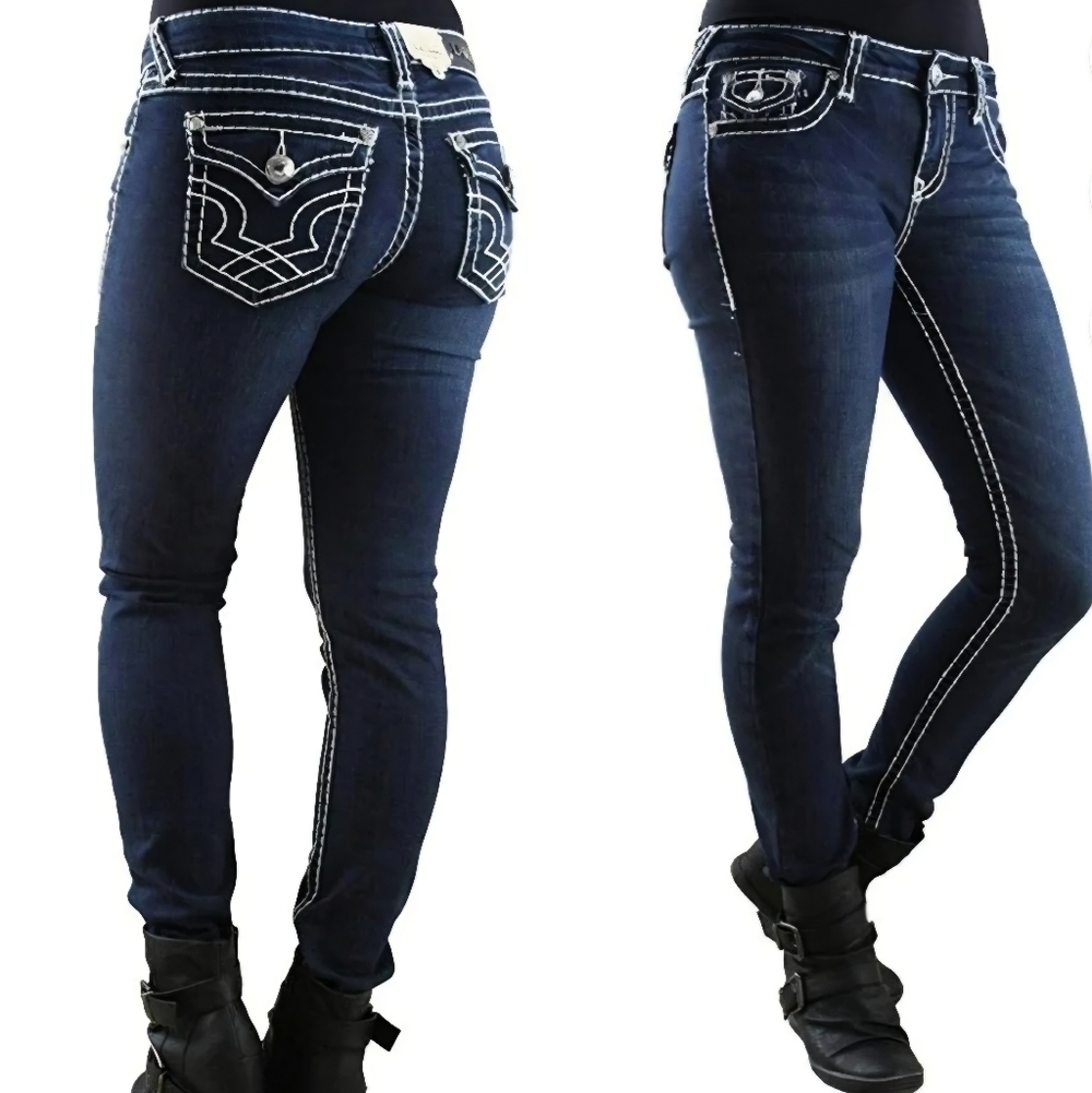 LA Idol Rhinestone Mid Rise Skinny Dark Blue Jeans, Size 9